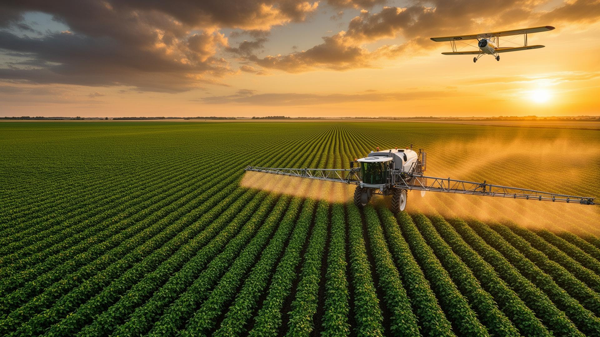 Pulverizador agrícola e avião de aplicação em campo de soja ao pôr do sol